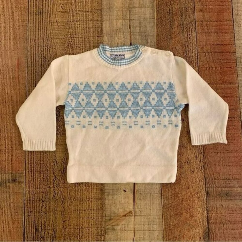 Cradle knit boys vintage crewneck sweater in white and blue -6/12M